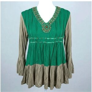 Boho Peasant Top – Emerald Green & Khaki Crochet Beaded Neckline- 70s Festival